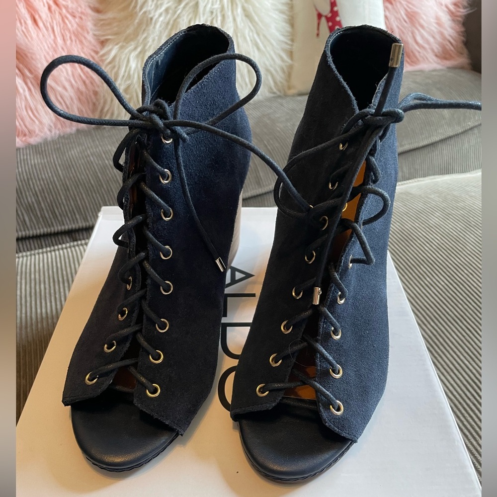 Aldo Navy peep to lace up booties, excellent condition . 3 inch heel